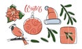 Winter element set. Vector hand drawn winter Freehand linear elements with bullfinch, Christmas tree ball, Santa cap