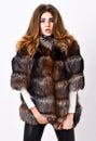 Winter elite luxury clothes. Female brown fur coat. Fur store model posing in soft fluffy warm coat. Pretty fashionista Royalty Free Stock Photo