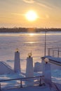 Winter embankment at sunset without people Royalty Free Stock Photo