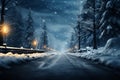 Winter enchantment Snowy road, tree, Xmas, New Year graphic art