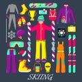 Winter Equipment for Skiing Icons Set with Man, Skiing, Clothes and Goggles