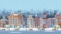 Winter European city - houses and shops, a Park with lanterns and benches, a snow-covered city. Vector illustration in a Royalty Free Stock Photo