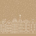 Winter european city landscape vector illustration. Scandinavian architecture line drawing. Buildings skyline. Row of houses