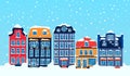 Winter european snowy street houses flat vector