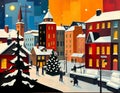 Winter evening in a festive sowy town Royalty Free Stock Photo