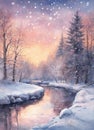 Winter evening landscape of a picturesque stream in a snowy forest Royalty Free Stock Photo