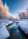 Winter evening landscape of a picturesque stream in a snowy forest Royalty Free Stock Photo