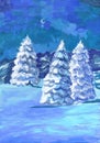 Winter evening landscape with snowy Christmas trees. Children`s drawing Royalty Free Stock Photo