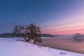 Winter evening landscape with tree, fog and a river Royalty Free Stock Photo