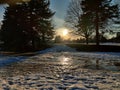 Winter evening near a small frozen lake