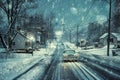 Winter Evening in Small Town with Vintage Car Driving Down Snowy Road, Street Lamps Glowing, Snowflakes Falling Royalty Free Stock Photo