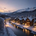 Winter evening sunset with snowy and illuminated buildings, Rosengarten, Bern, UNESCO, Switzerland made with Royalty Free Stock Photo