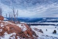 Winter evening on the top of the mountain a lot of snow and tree trunks cloudy sky Royalty Free Stock Photo