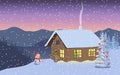 Winter evening twilight, night with illuminated house, snowman in santa hat, distant mountains, decorated x-mas tree