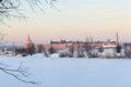 Winter evening view of historical medieval Oreshek fortress in Shlisselburg Royalty Free Stock Photo