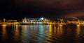 Winter evening view of South harbor embankment in Helsinki, Finland with Silja Symphony cargo-passenger cruise ferry moored at