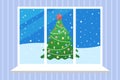 Winter evening view from window. Decorated Christmas tree outdoors. Snowy weather landscape. Vector flat illustration Royalty Free Stock Photo