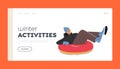 Winter Extreme Activities Landing Page Template.Young Man Sliding Down Slope on Snow Tubing Character Riding Downhill Royalty Free Stock Photo