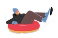 Winter Extreme Sport Activities Concept. Young Man Sliding Down Slope on Snow Tubing Character Riding Downhill On Sleigh Royalty Free Stock Photo