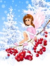 Winter fairy baby on a viburnum branch. Winter viburnum fairy baby Royalty Free Stock Photo