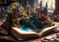 winter fairy story coming to life on the pages of a magical open book with a fantasy castle Royalty Free Stock Photo