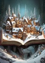 Fairy story coming to life on the pages of a magical open book with a snow covered town surrounded by trees Royalty Free Stock Photo