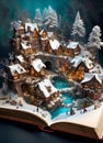 winter fairy story coming to life on the pages of a magical open book with a snow covered town surrounded by trees Royalty Free Stock Photo