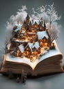 winter fairy story coming to life on the pages of a magical open book with a snow covered village surrounded by trees Royalty Free Stock Photo