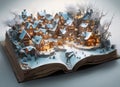 winter fairy story coming to life on the pages of a magical open book with a snow covered village surrounded by trees Royalty Free Stock Photo