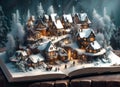 winter fairy story coming to life on the pages of a magical open book with a snow covered village surrounded by trees Royalty Free Stock Photo