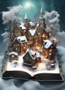 winter fairy story coming to life on the pages of a magical open book with a snow covered village surrounded by trees Royalty Free Stock Photo