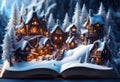 winter fairy story coming to life on the pages of a magical open book with a snow covered wooden village surrounded by trees Royalty Free Stock Photo