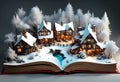 winter fairy story coming to life on the pages of a magical open book with a snow covered wooden village surrounded by trees Royalty Free Stock Photo