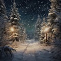 Winter fairy tale landscape, with festive Christmas fir tree, in a winter snowy forest. Royalty Free Stock Photo