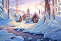 Winter fairy tale landscape, with houses and festive christmas fir tree