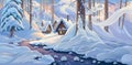 Winter fairy tale landscape, with houses in a deep forest