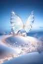 Winter fairy tale scene with magic house and butterfly. Christmas background. Generative AI