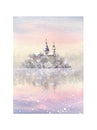 Winter fairytale castle on water with reflection. Watercolor snowy illustration for greeting cards, posters, christmas decorations