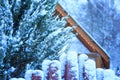 Winter fairytale landscape - Wooden house with warm light in night snowy winter forest, big size Royalty Free Stock Photo