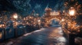 Winter fairytale town at night, lit by warm lights Royalty Free Stock Photo