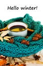 Winter, fall leaves, hot steaming cup of glint wine and a scarf Royalty Free Stock Photo