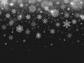Winter falling snow. Snowflakes fall, christmas decorations snowflake and snowed snowstorm isolated vector background Royalty Free Stock Photo