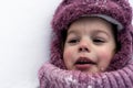 Winter, family, childhood concepts - close-up portrait authentic little preschool girl in pink clothes smile laugh shout Royalty Free Stock Photo