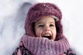 Winter, family, childhood concepts - close-up portrait authentic little preschool girl in pink clothes smile laugh shout Royalty Free Stock Photo