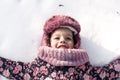 Winter, family, childhood concepts - close-up portrait authentic little preschool minor girl in pink clothes smile laugh Royalty Free Stock Photo