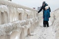 Winter family walk at Darlowo beach Royalty Free Stock Photo