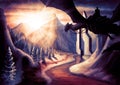 Winter fantasy landscape with a dragon with big wings and a knight  with big mountains  with an icy river Royalty Free Stock Photo