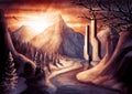 Winter fantasy landscape with knight on a horse  eagle soaring in the sky  with big mountains  giant gate and cave Royalty Free Stock Photo