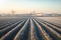 Winter farm field ready for new planting season. Agriculture and agribusiness. Choosing right time for sow fields plant seeds, Royalty Free Stock Photo