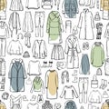 Winter  women`s clothing and shoes. Vector  seamless  pattern. Sketch illustration Royalty Free Stock Photo